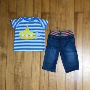 MINI BODEN BABY BOY 2PC SET TOP JEANS 12-18 EUC